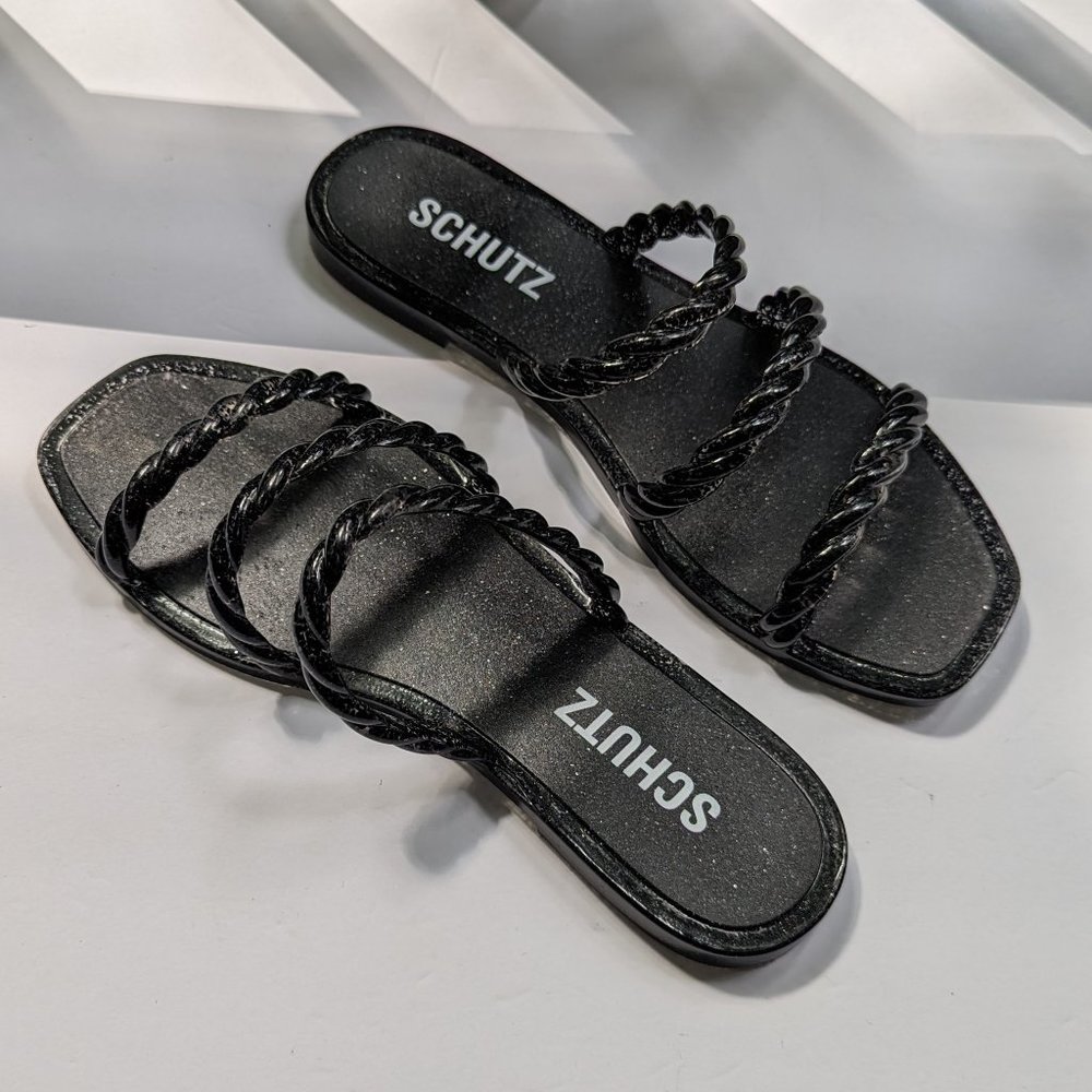 SCHUTZ Diana Flat Jelly Sandals Slides in Black Glitter Size 6 New